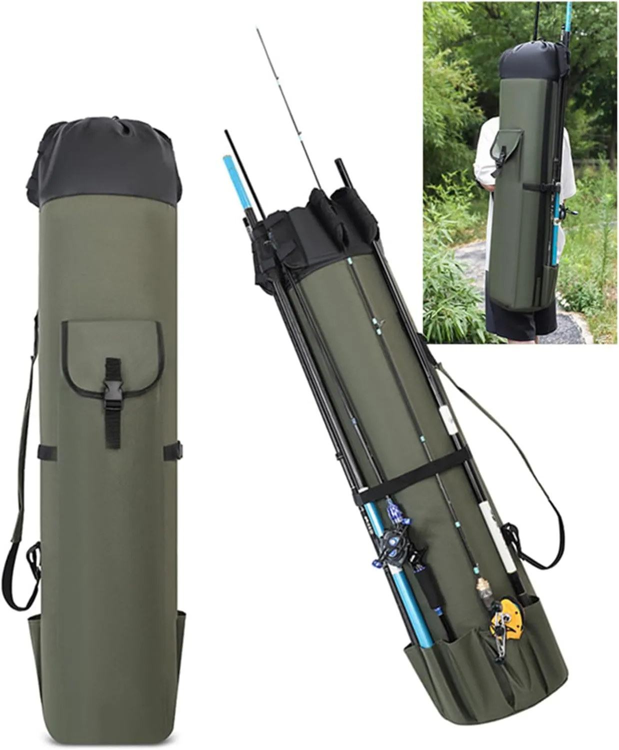 Multifunction Fishing Rod Reel Organizers Bag Travel Carrying Case Large Capacity Tackles Storage Bags Holds 5 Poles, Green