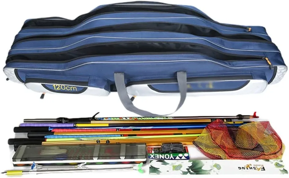 Multifunctional Portable Fishing Bag Canvas Fishing Rod 2 Tier Travel Carrying Case(Gray,80 * 18 * 14cm)