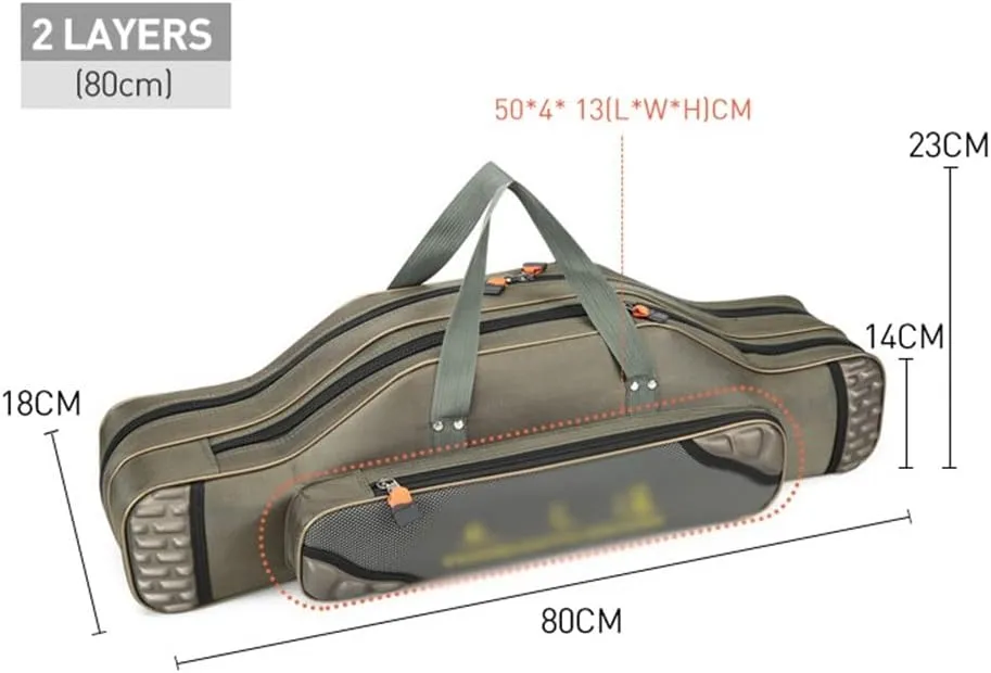 Multifunctional Portable Fishing Bag Canvas Fishing Rod 2 Tier Travel Carrying Case(Gray,80 * 18 * 14cm)