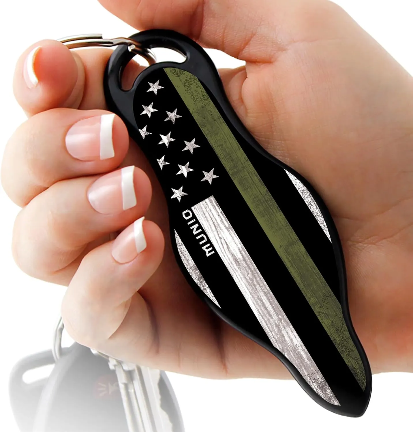 MUNIO Original Self Defense Keychain Kit - Self Protection Personal Safety Essentials, Portable Defense Kubotan, Legal for Airplane Carry - TSA Approved - Made in USA (Thin Green Line)