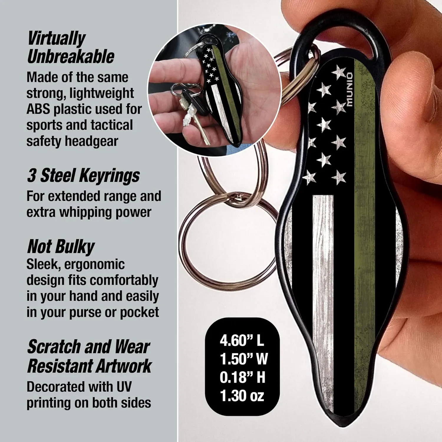 MUNIO Original Self Defense Keychain Kit - Self Protection Personal Safety Essentials, Portable Defense Kubotan, Legal for Airplane Carry - TSA Approved - Made in USA (Thin Green Line)