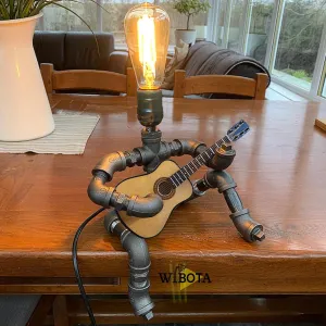 Music Guitar Table Lamp Art Decor Guitar Stuff Cool Gifts for Music Art Lovers Microphone Players for Men Steampunk Pipe Man Edison Bulb Lamps Retro Guitars Metal Pipe Industrial Robot Lights
