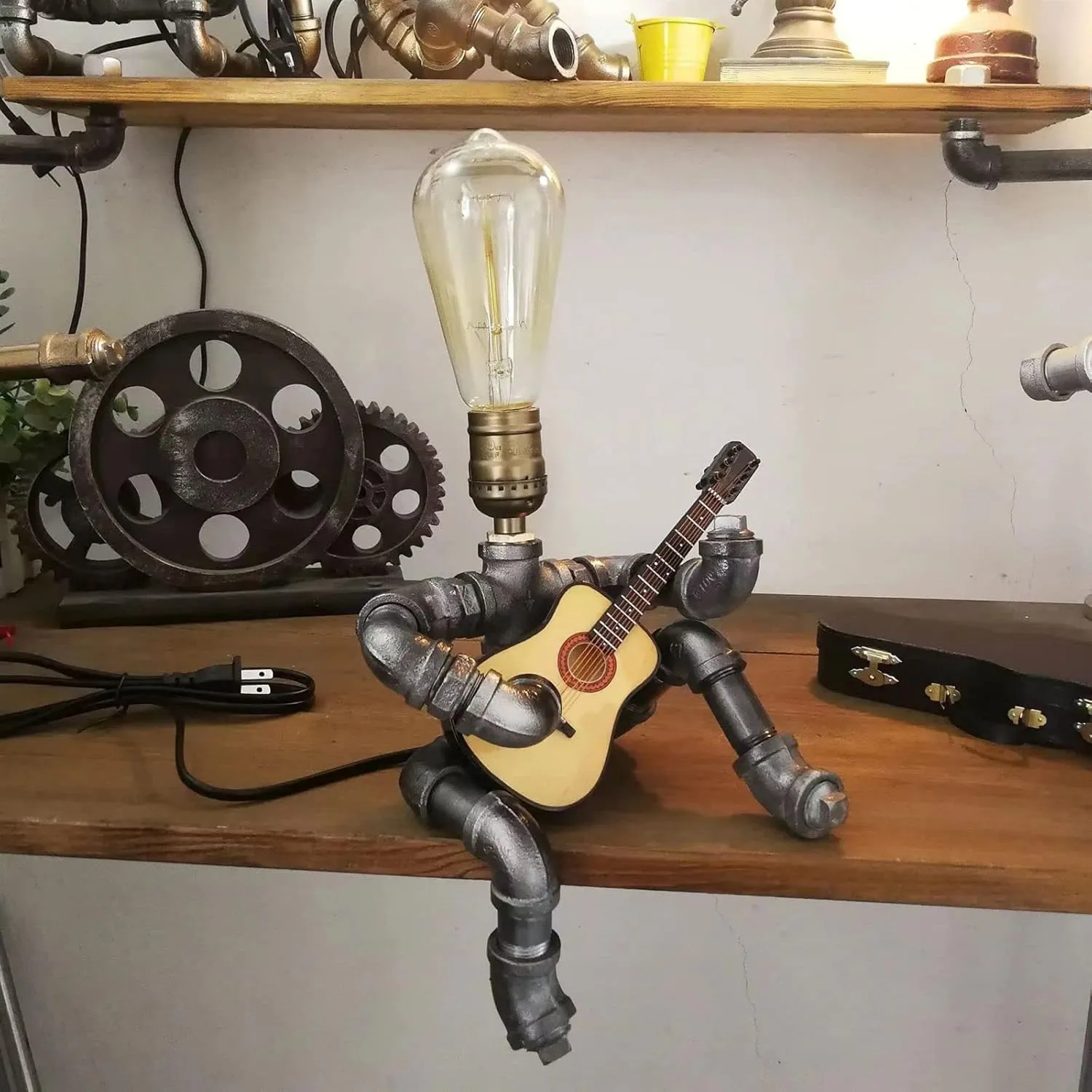 Music Guitar Table Lamp Art Decor Guitar Stuff Cool Gifts for Music Art Lovers Microphone Players for Men Steampunk Pipe Man Edison Bulb Lamps Retro Guitars Metal Pipe Industrial Robot Lights