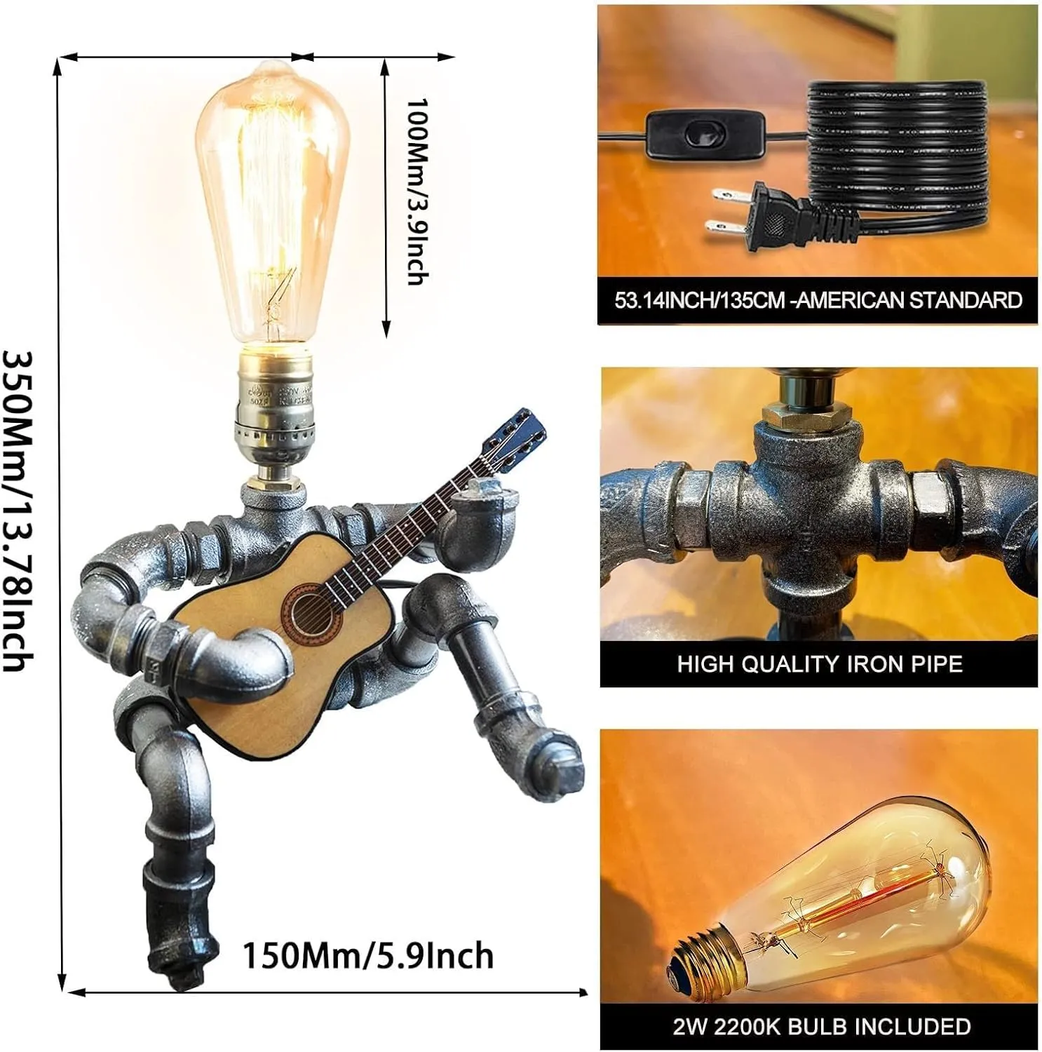 Music Guitar Table Lamp Art Decor Guitar Stuff Cool Gifts for Music Art Lovers Microphone Players for Men Steampunk Pipe Man Edison Bulb Lamps Retro Guitars Metal Pipe Industrial Robot Lights