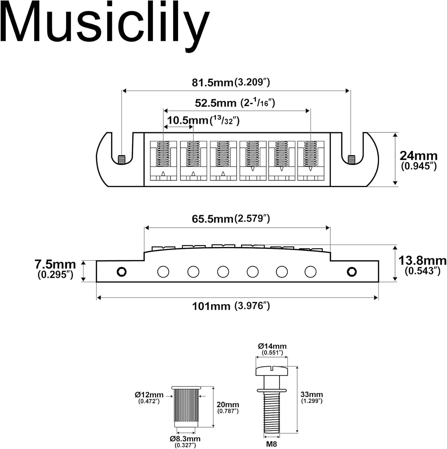 Musiclily Pro 52.5mm (2-1/16 inch) String Spacing Tune-o-matic Pigtail Style Adjustable Wraparound Bridge Tailpiece for Epiphone Les Paul SG Style Electric Guitar, Black