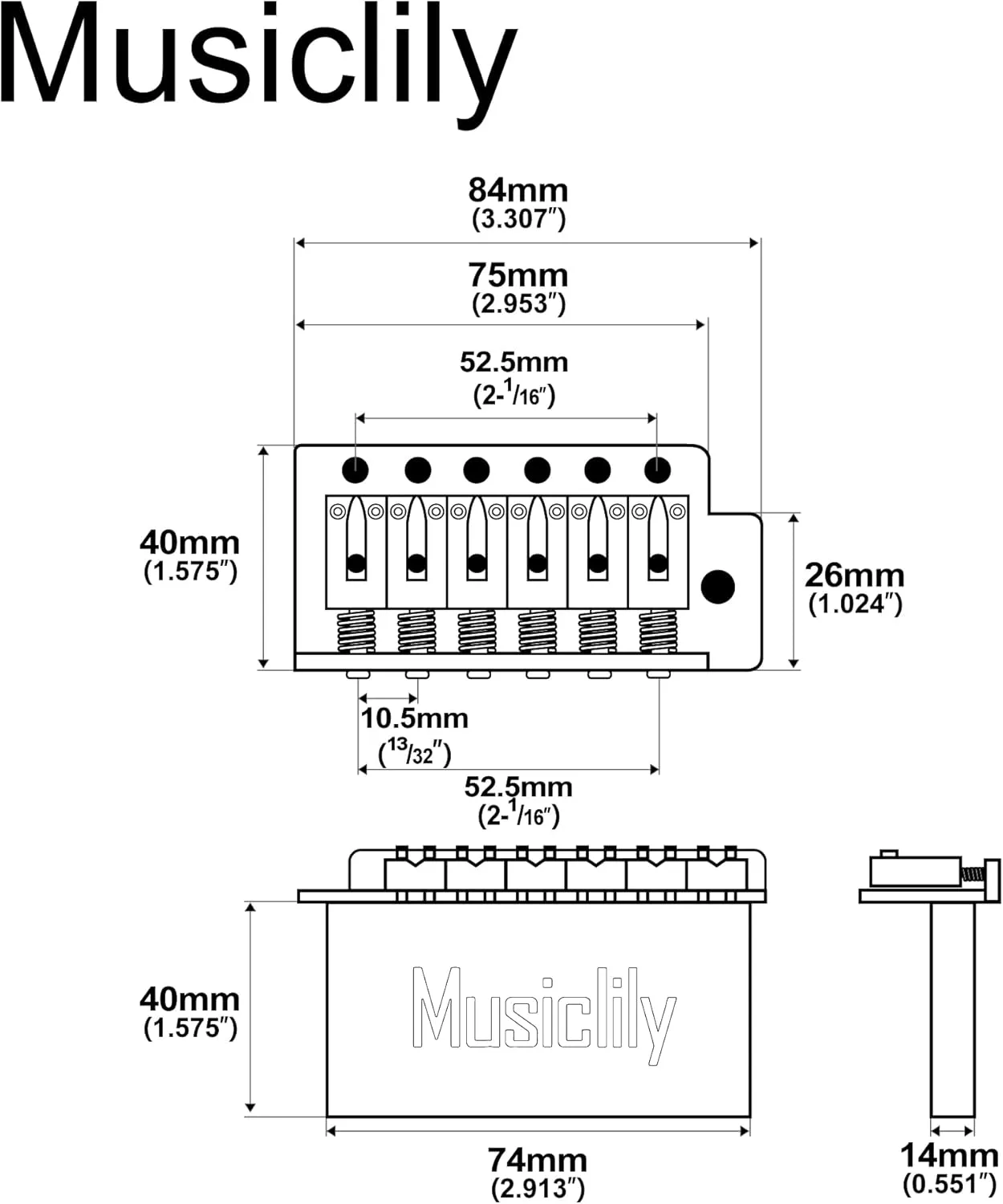 Musiclily Pro 52.5mm Modern 6-Screw Tremolo Bridge 40mm Solid Brass Block for Fender Squier Strat Stratocaster Style Electric Guitar, Chrome