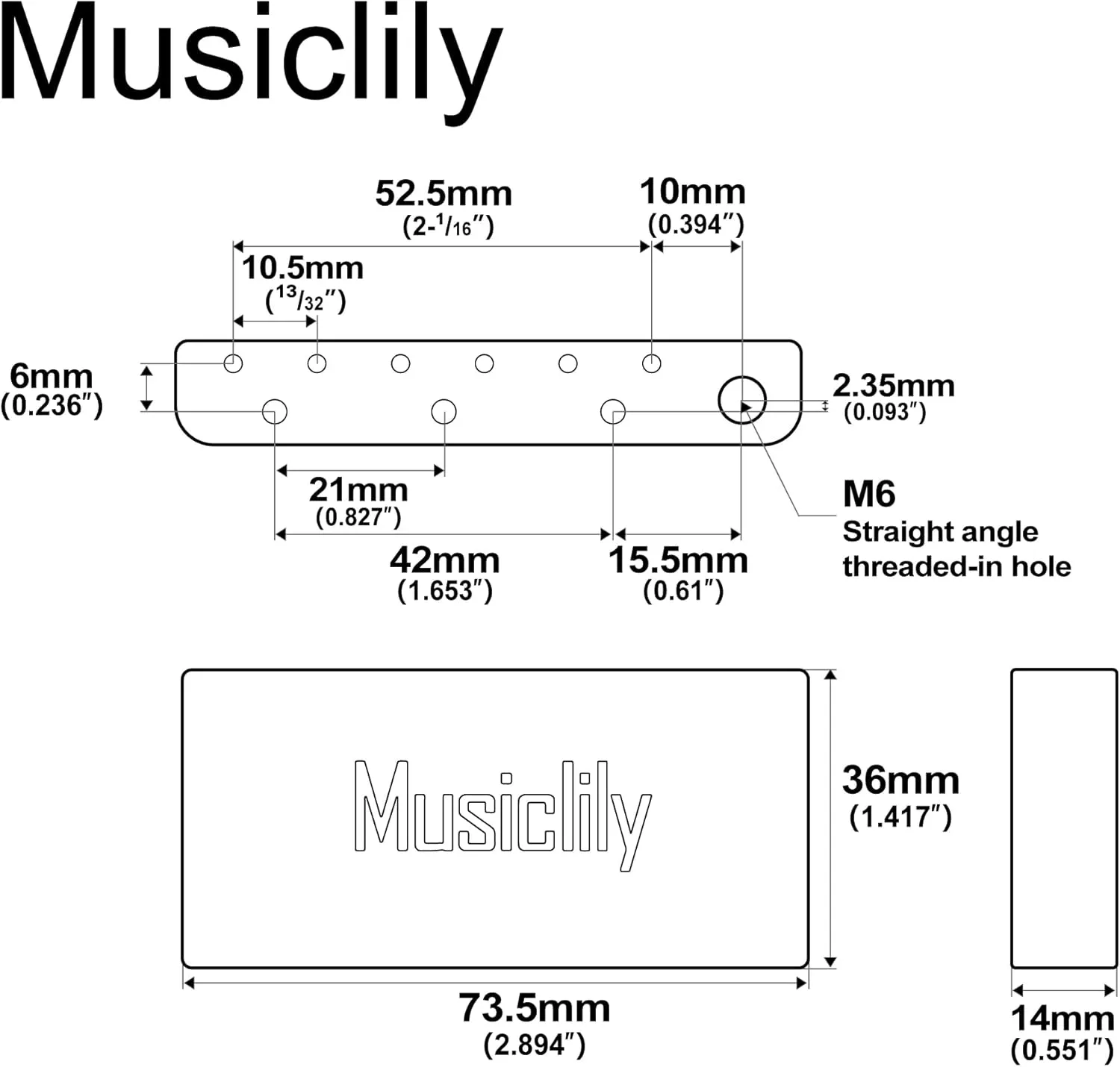 Musiclily Ultra 52.5mm (2-1/16 inch) Full Solid Brass 36mm Short Tremolo Block for Indonesia made Squier Affinity and Bullet Series Electric Guitar Bridge