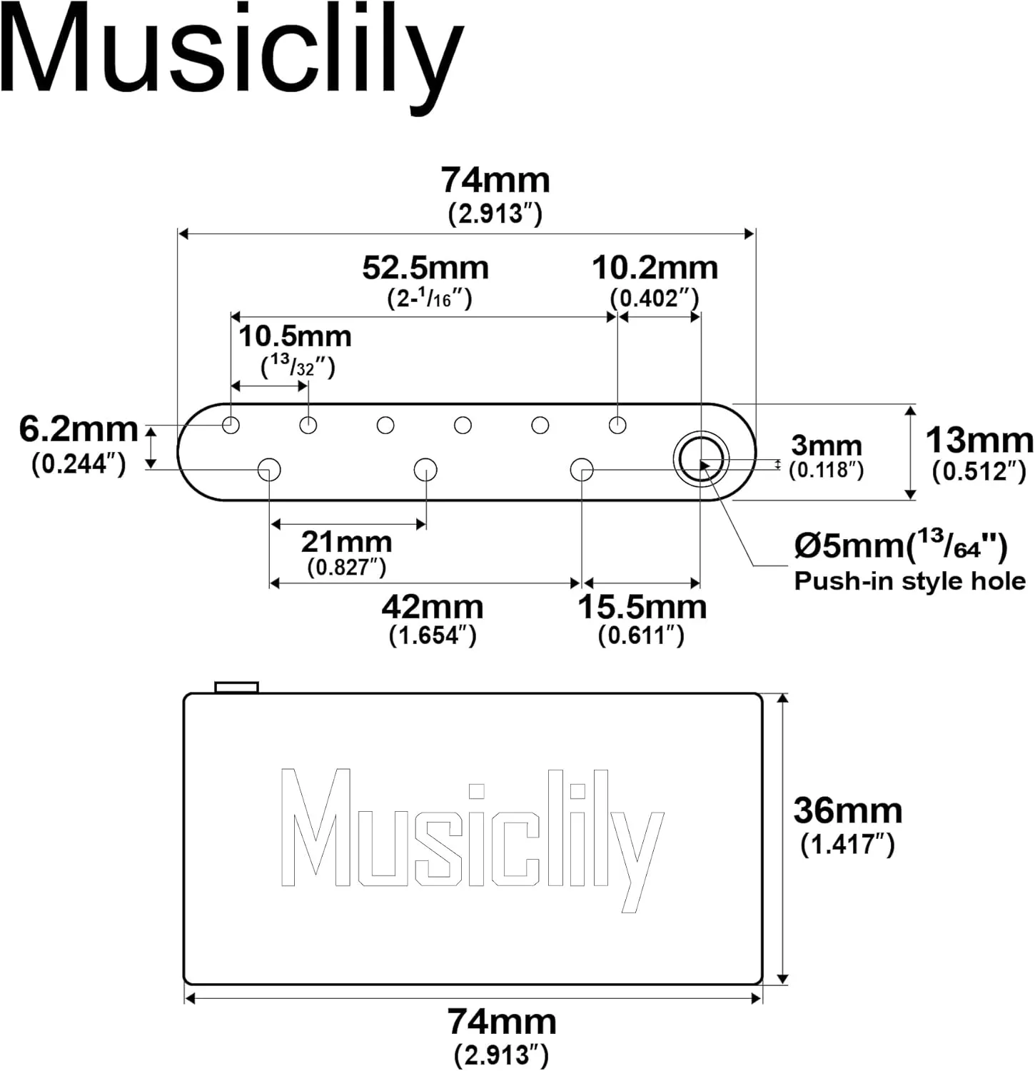Musiclily Ultra Full Brass 36mm Tremolo Block 52.5mm String Spacing for Strat Style Electric Guitar Wilkinson M Series Bridge