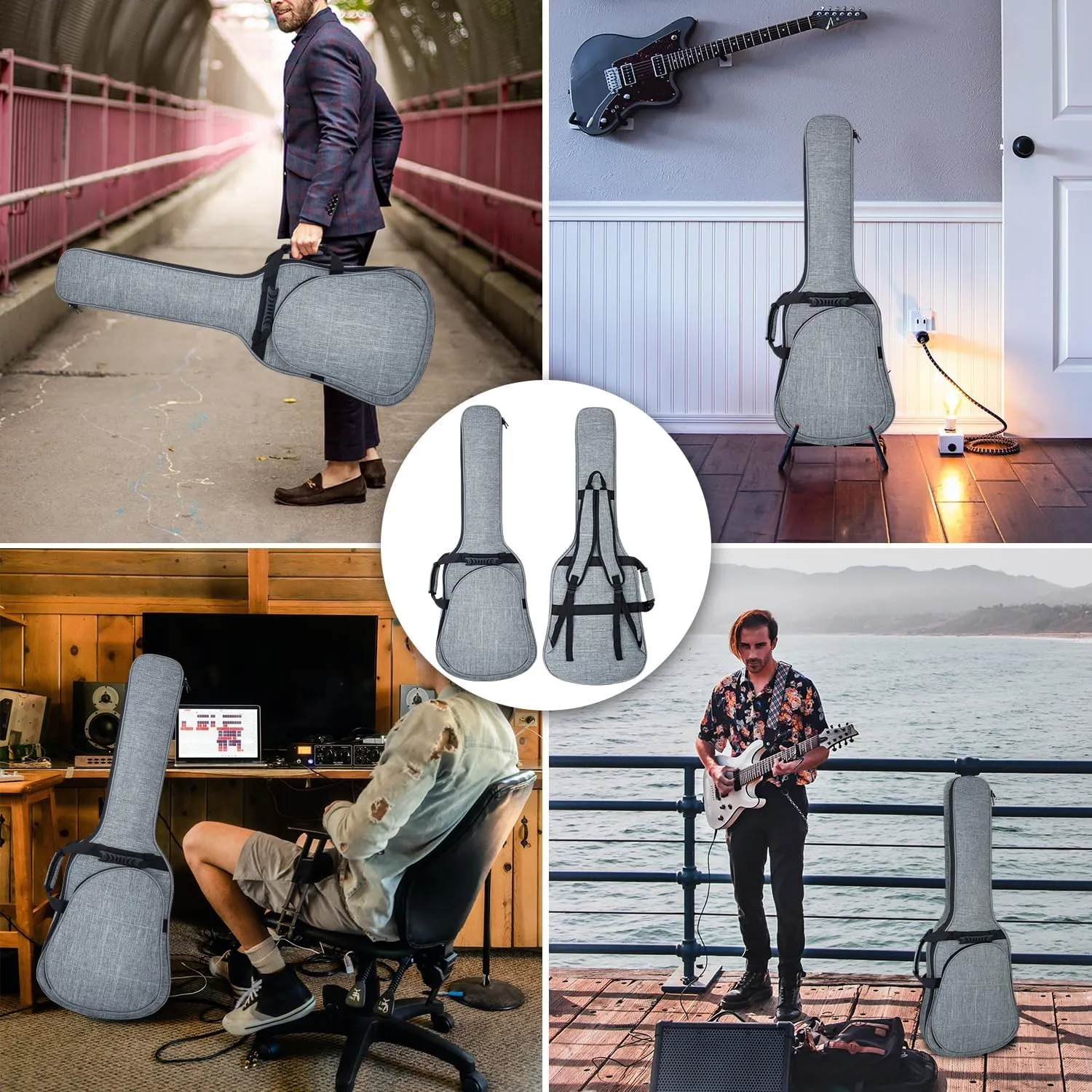 MUZNOTE Electric Guitar Bag Gig Bag 0.35 inch Padding Waterproof Electric Guitar Case, Electric Guitar Gig Bag Backpack with Neck Strap and Pockets Soft Guitar Case, Grey