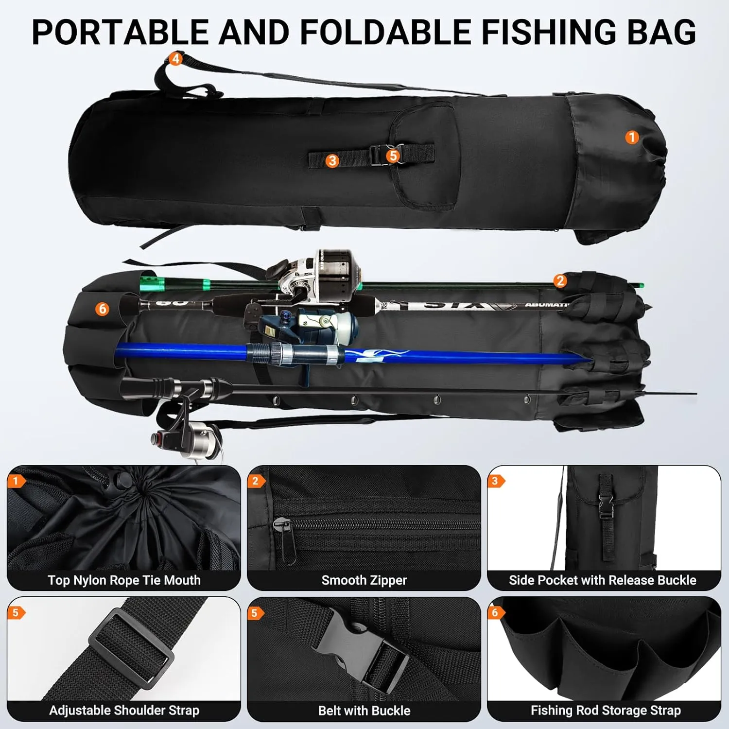 MXiiXM Fishing Rod and Pole Carrier Case Bag - Durable Oxford Fabric Gear for Men, Gifts (Black)