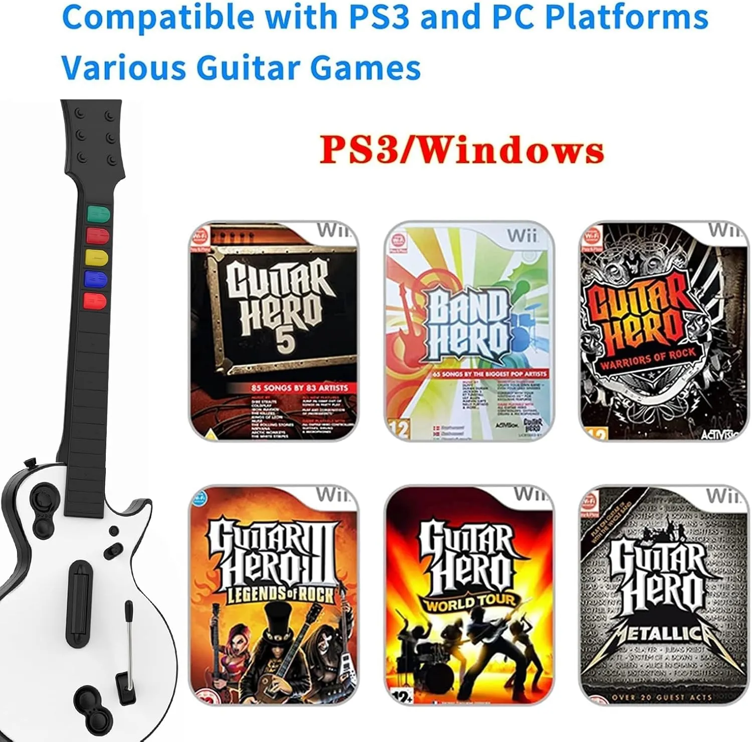 NBCP PC Guitar Hero Wireless Legends Rock Dongle Bundle for PS3/Computer Windows, Compatible with Guitar Hero, Rock Band, Clone Hero & Fortnite Festival