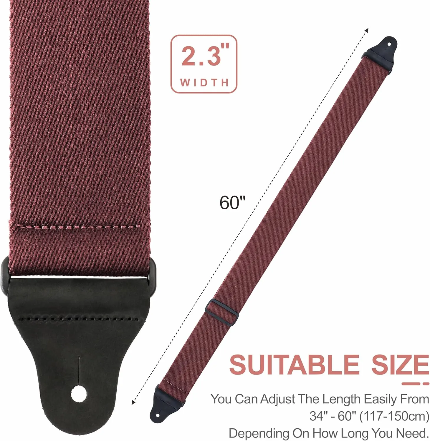 Nefelibata Guitar Strap,2.3" Full Grain Leather End Solid Color Cotton Guitar Straps for Bass,Electric&Acoustic,Come with Gasket and Headstock Rope(Coffee Brown)
