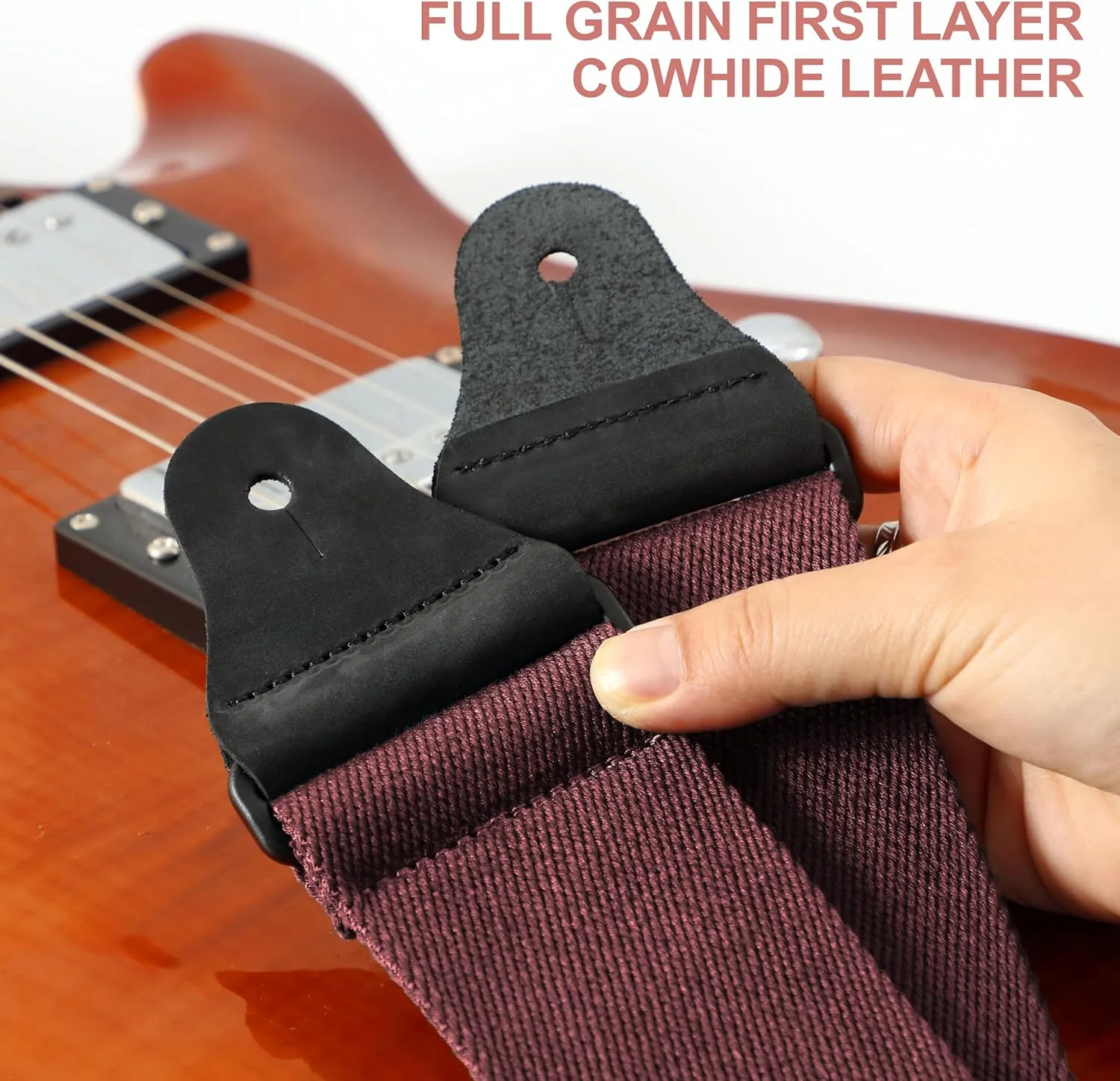 Nefelibata Guitar Strap,2.3" Full Grain Leather End Solid Color Cotton Guitar Straps for Bass,Electric&Acoustic,Come with Gasket and Headstock Rope(Coffee Brown)