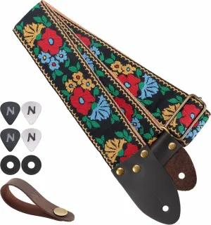 Nefelibata Guitar Strap,Vintage Jacquard Embroidery Cotton Guitar Straps with full grain Leather Ends for Electric,Acoustic,Come with Free Strap Button,2 Strap Locks and 4 Guitar Picks