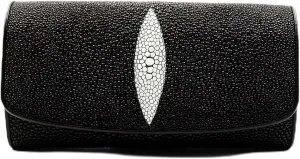 New Black Stingray Leather Skin Women Tri-fold Clutch Wallet Purse.