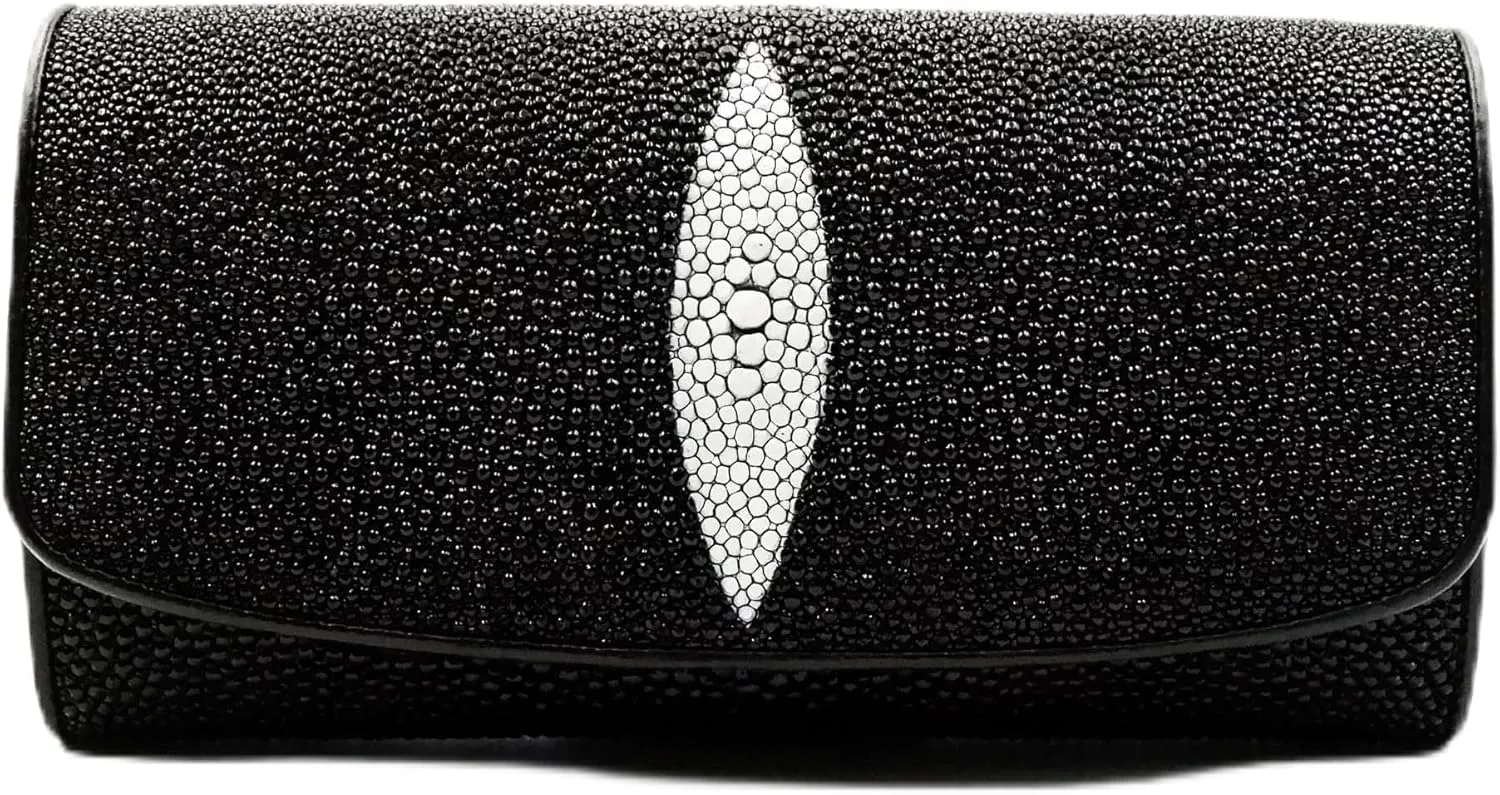 New Black Stingray Leather Skin Women Tri-fold Clutch Wallet Purse.