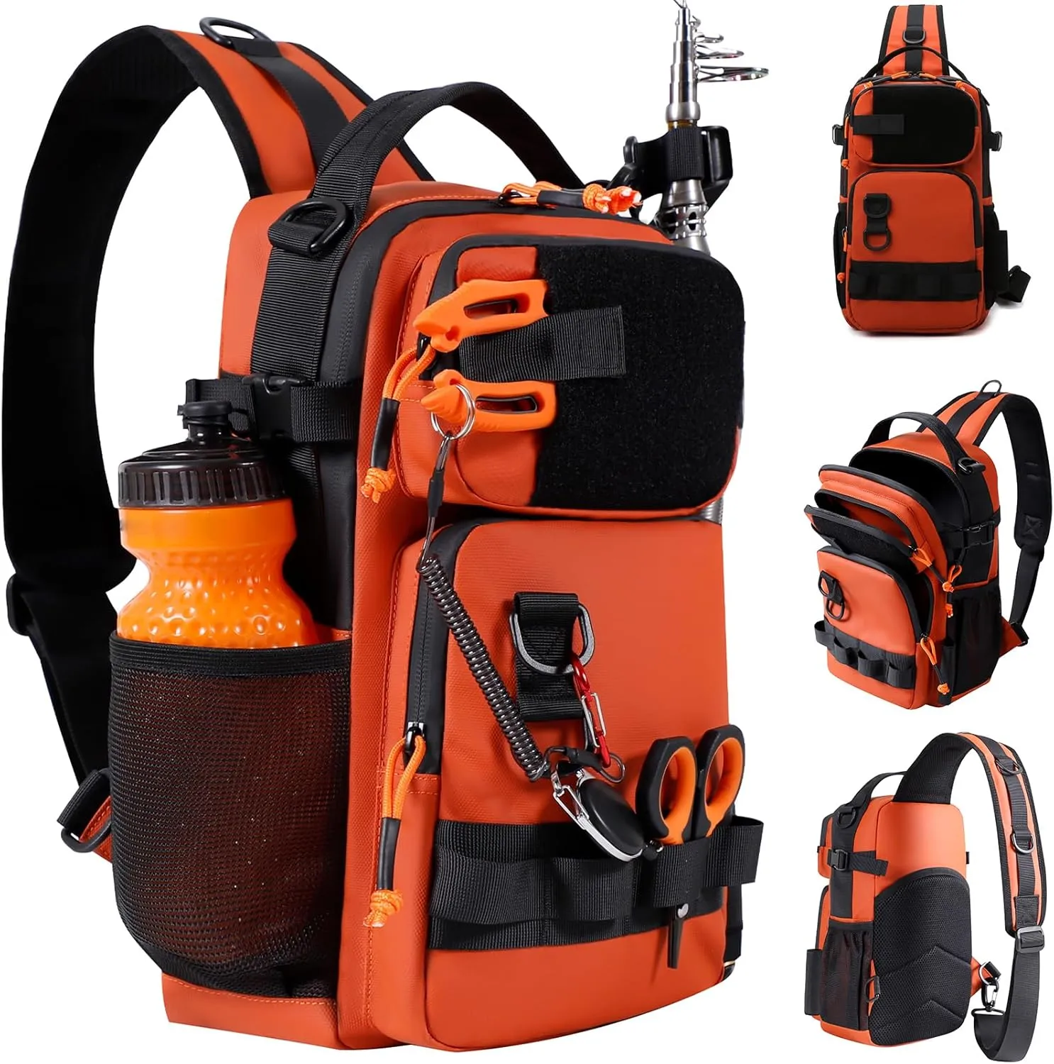 NEW VIEW Fishing Sling Bag, Waterproof Tackle Bag with Rod Holder, Fishing Shoulder Pack Fits Tackle Boxes & Gear, Fly Fishing Bags for Men (Orange)