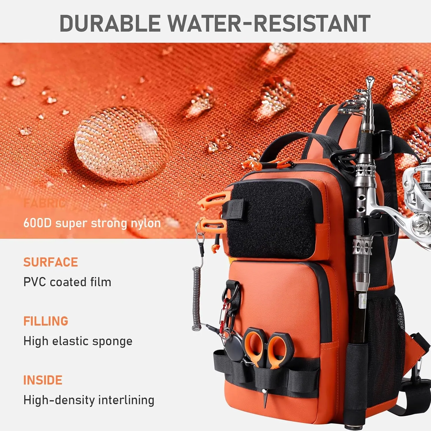 NEW VIEW Fishing Sling Bag, Waterproof Tackle Bag with Rod Holder, Fishing Shoulder Pack Fits Tackle Boxes & Gear, Fly Fishing Bags for Men (Orange)