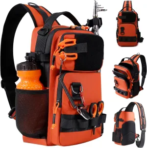NEW VIEW Fishing Sling Bag, Waterproof Tackle Bag with Rod Holder, Fishing Shoulder Pack Fits Tackle Boxes & Gear, Fly Fishing Bags for Men (Orange)
