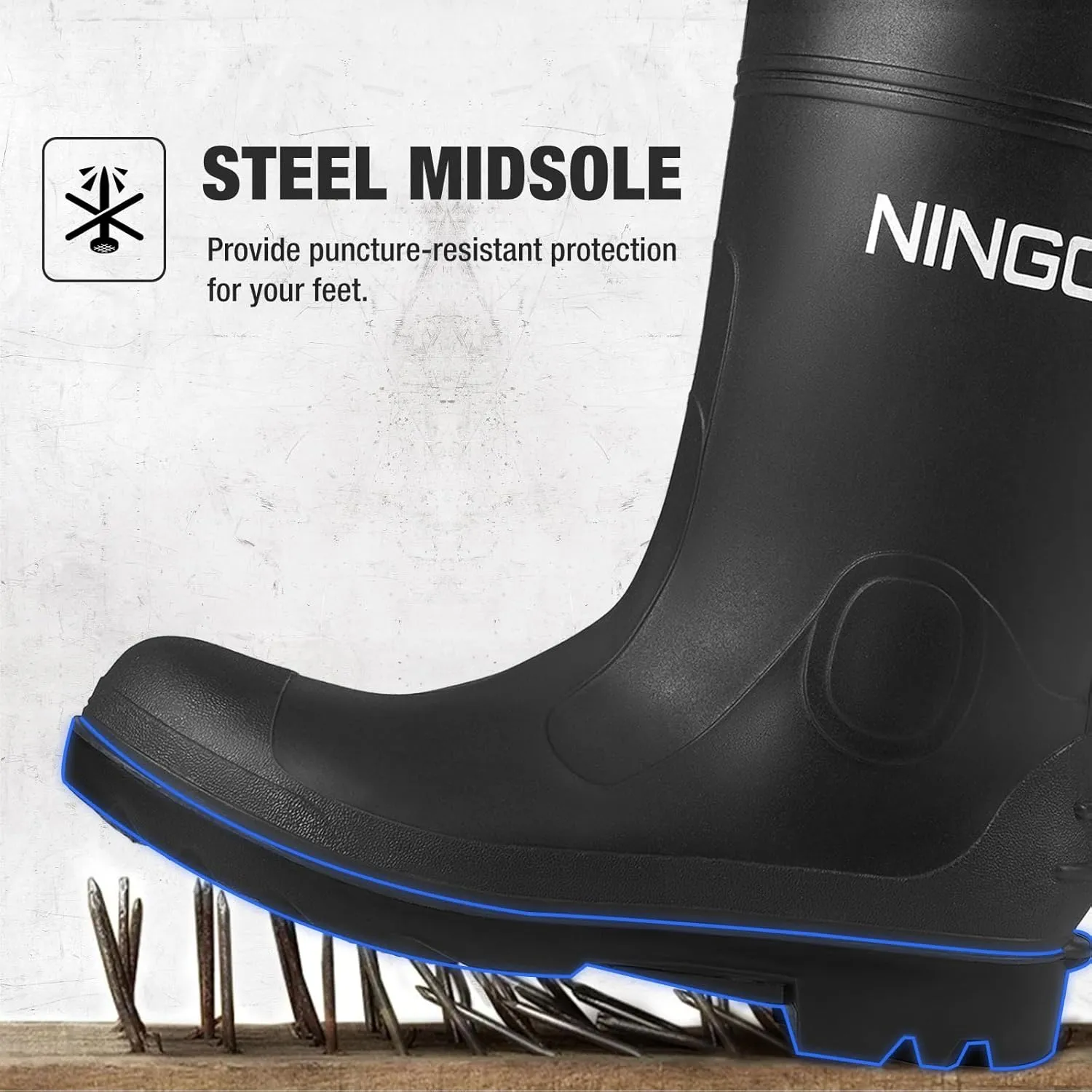 NINGO Men's Steel Toe Rain Boots, Waterproof Rubber Boots, Seamless PVC Rainboots, Puncture and Slip Resistant, Outdoor Fishing Gardening Boots for Men, for Agriculture and Industrial Working