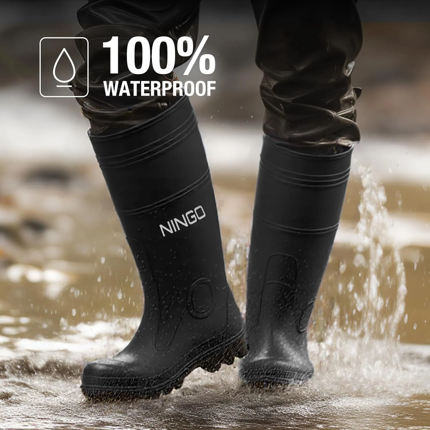 NINGO Men's Steel Toe Rain Boots, Waterproof Rubber Boots, Seamless PVC Rainboots, Puncture and Slip Resistant, Outdoor Fishing Gardening Boots for Men, for Agriculture and Industrial Working