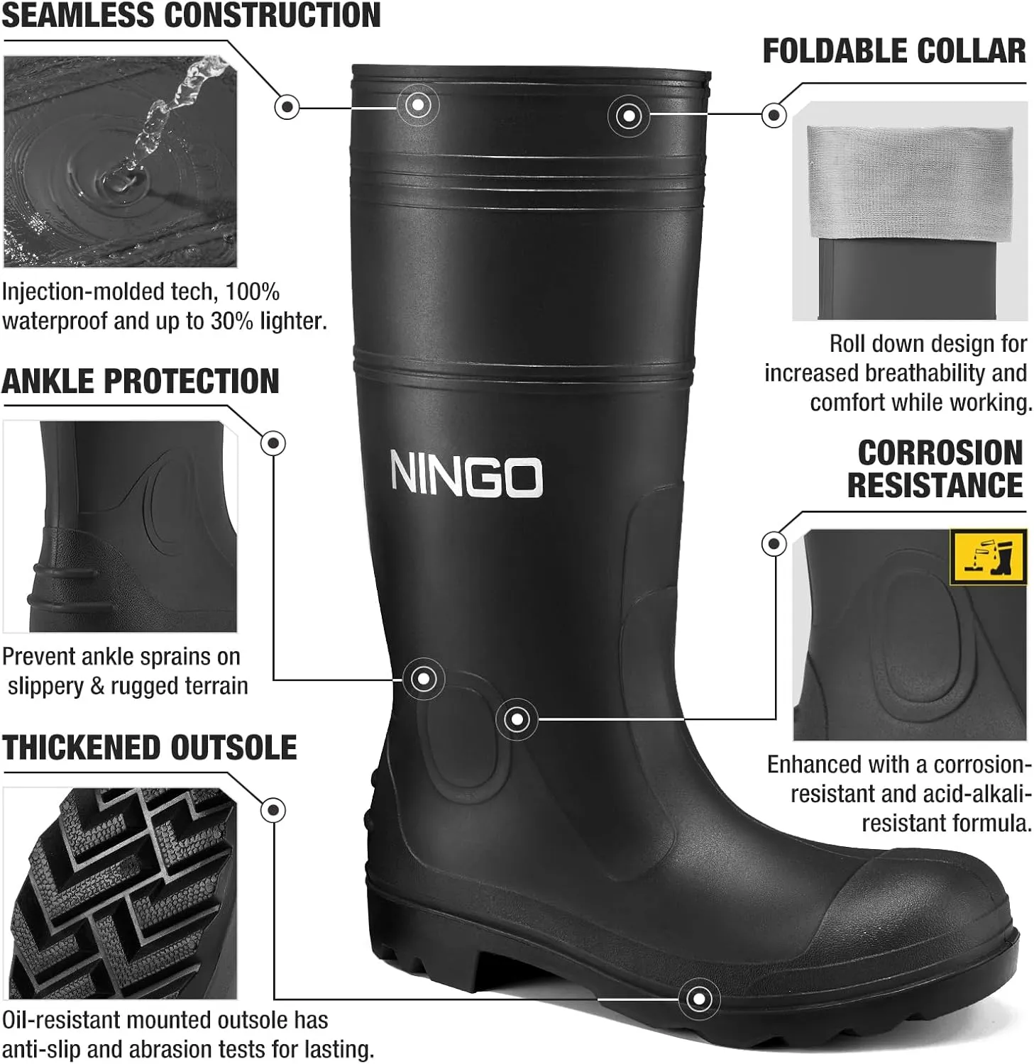 NINGO Men's Steel Toe Rain Boots, Waterproof Rubber Boots, Seamless PVC Rainboots, Puncture and Slip Resistant, Outdoor Fishing Gardening Boots for Men, for Agriculture and Industrial Working