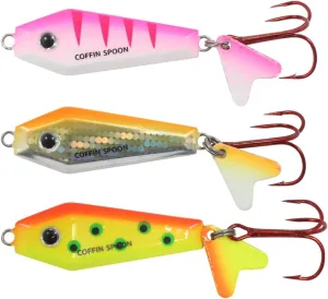 Northland Fishing Tackle Buck-Shot Coffin Ice Fishing Jigging Spoon, 3 Spoons Per Pack, Assorted Colors for Walleye, Perch, Crappie, & More