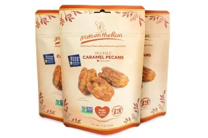 Nuts on the Run Sea Salt Caramel Pecan Pralines – Candied Pecans with Salted Caramel - Vegan, Gluten-Free, Kosher, Non-GMO Glazed Pecans – 4oz (Pack of 3 Pouch Bags) Handmade Snacks
