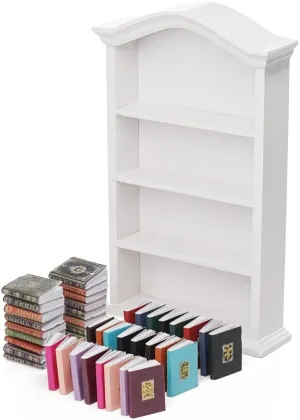 Odoria Dollhouse Bookshelf with Books Miniature: 43Pcs 1/12 Scale Victorian Paper Notebooks for Antique Vintage Living Room Library Office - Mini Storage Shelf White Furniture with School Supplies