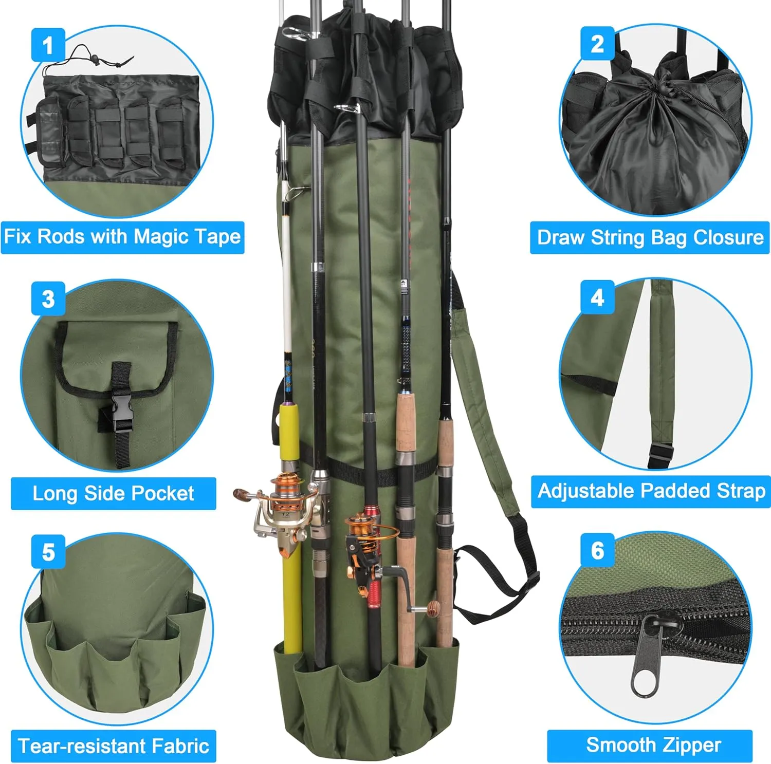 OROOTL Fishing Rod Bag Durable Canvas Fishing Pole Bag Fishing Rod and Reel Organizer Bag Fishing Tackle Backpack with Rod Holder Fishing Pole Case for Men Fishing Gifts