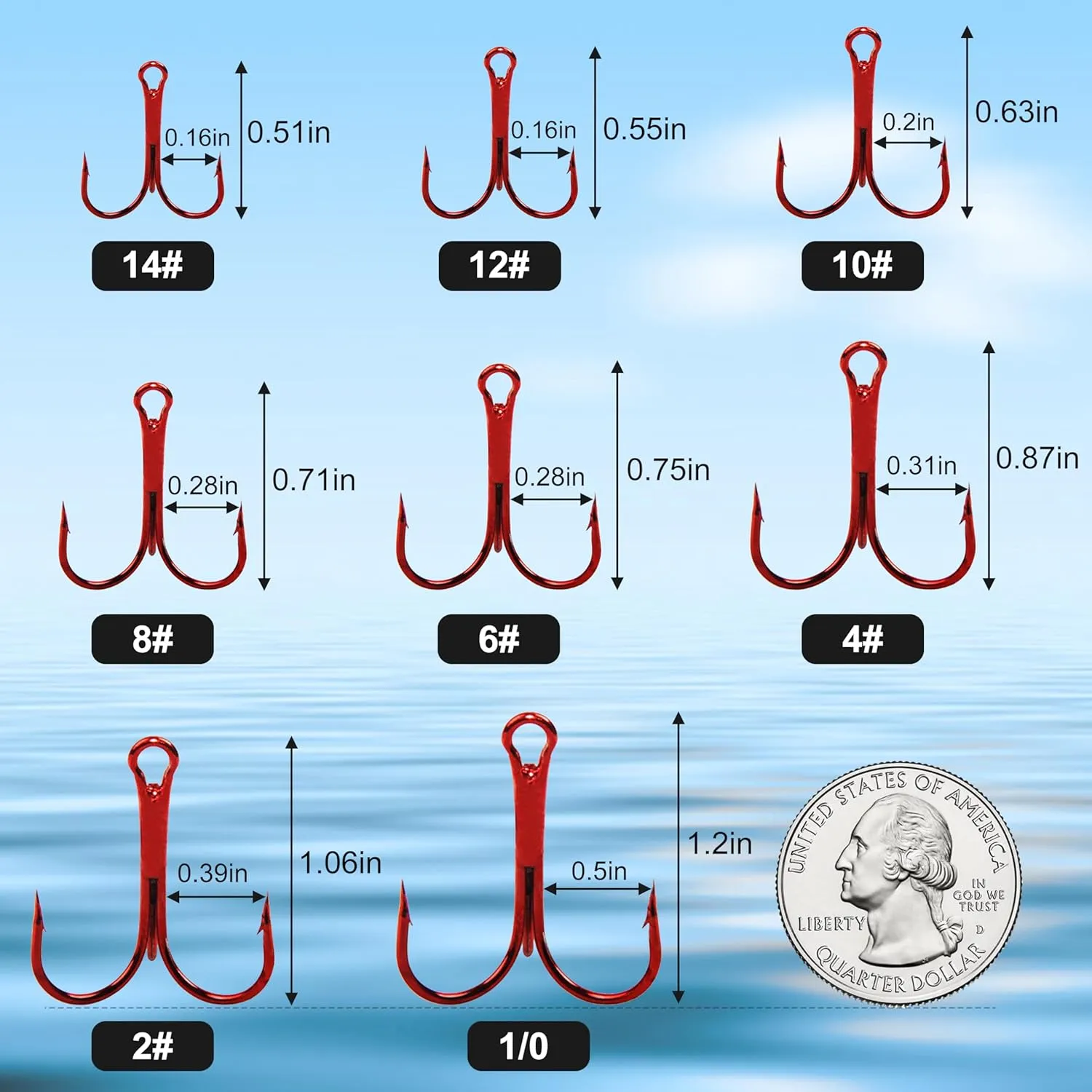 OROOTL Fishing Treble Hooks High Carbon Steel Red Treble Fishing Hooks Strong Sharp Round Bend Triple Fishing Hooks for Freshwater and Saltwater Size 2 4 6 8 10 12 14 1/0