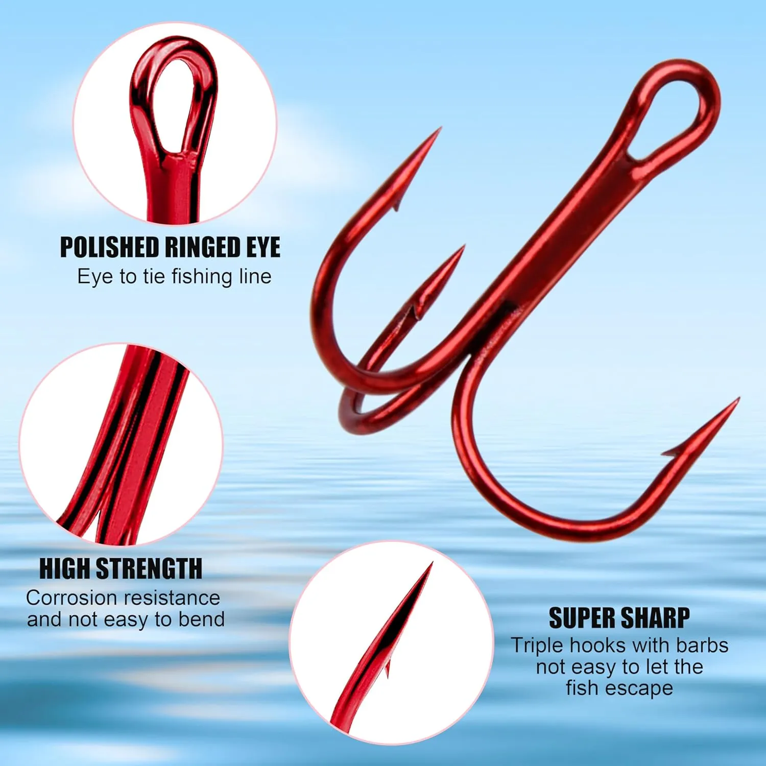 OROOTL Fishing Treble Hooks High Carbon Steel Red Treble Fishing Hooks Strong Sharp Round Bend Triple Fishing Hooks for Freshwater and Saltwater Size 2 4 6 8 10 12 14 1/0