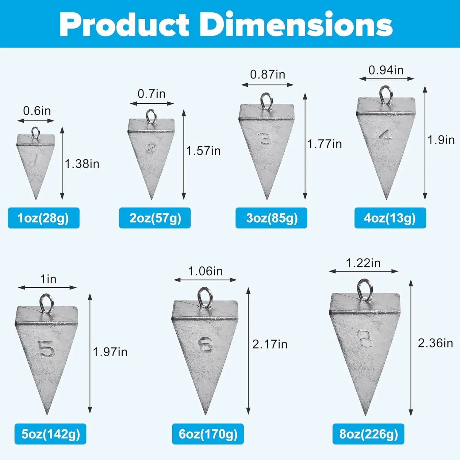 OROOTL Pyramid Sinkers Fishing Weights Kit 1oz-8oz Bullet Fishing Sinkers Weights Surf Fishing Pyramid Weights for Saltwater Freshwater Fishing Gear Tackle