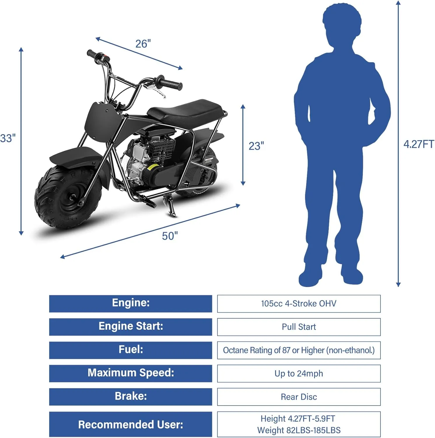 Oryxearth Mini Dirt Bike for Kids, 105CC 4-Stroke Kid Gas Powered Off-Road Pocket Pit Trail Motorcycle W/EPA Approved, Up to 28 Mph Weight Support 185 LBS