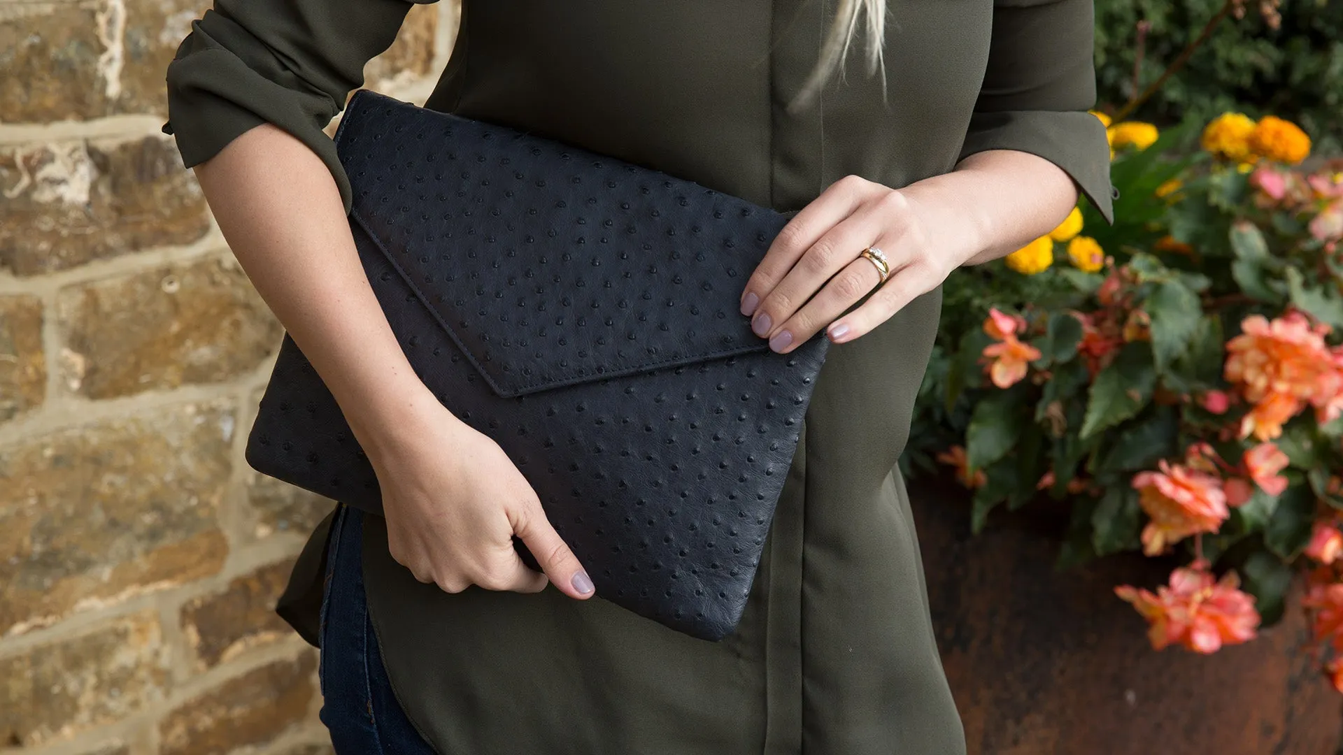 Ostrich Leather Envelope Maxi Clutch