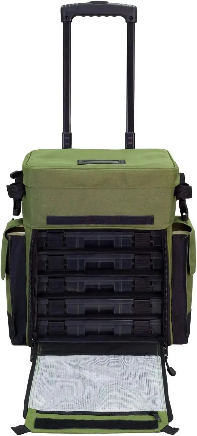 Outdoors Rolling Tackle Box with Wheels - Waterproof Fishing Backpack, 5 Removable Trays, 4 Rod Holders, Gifts for Men, F