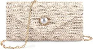 PACETAP Straw Clutch Purse for Women, Pearl Decoration Boho Crossbody Bags Handbags for Beach Travel Vacation Party Prom