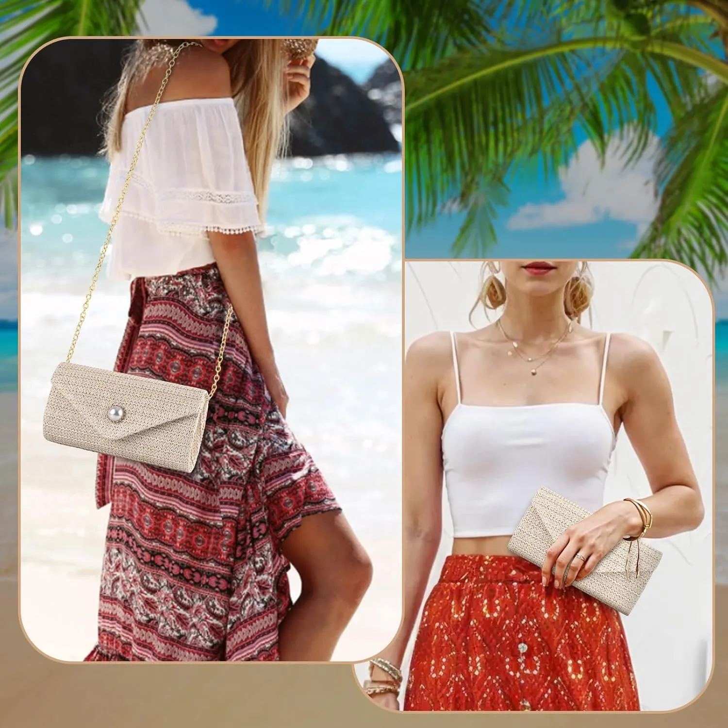 PACETAP Straw Clutch Purse for Women, Pearl Decoration Boho Crossbody Bags Handbags for Beach Travel Vacation Party Prom