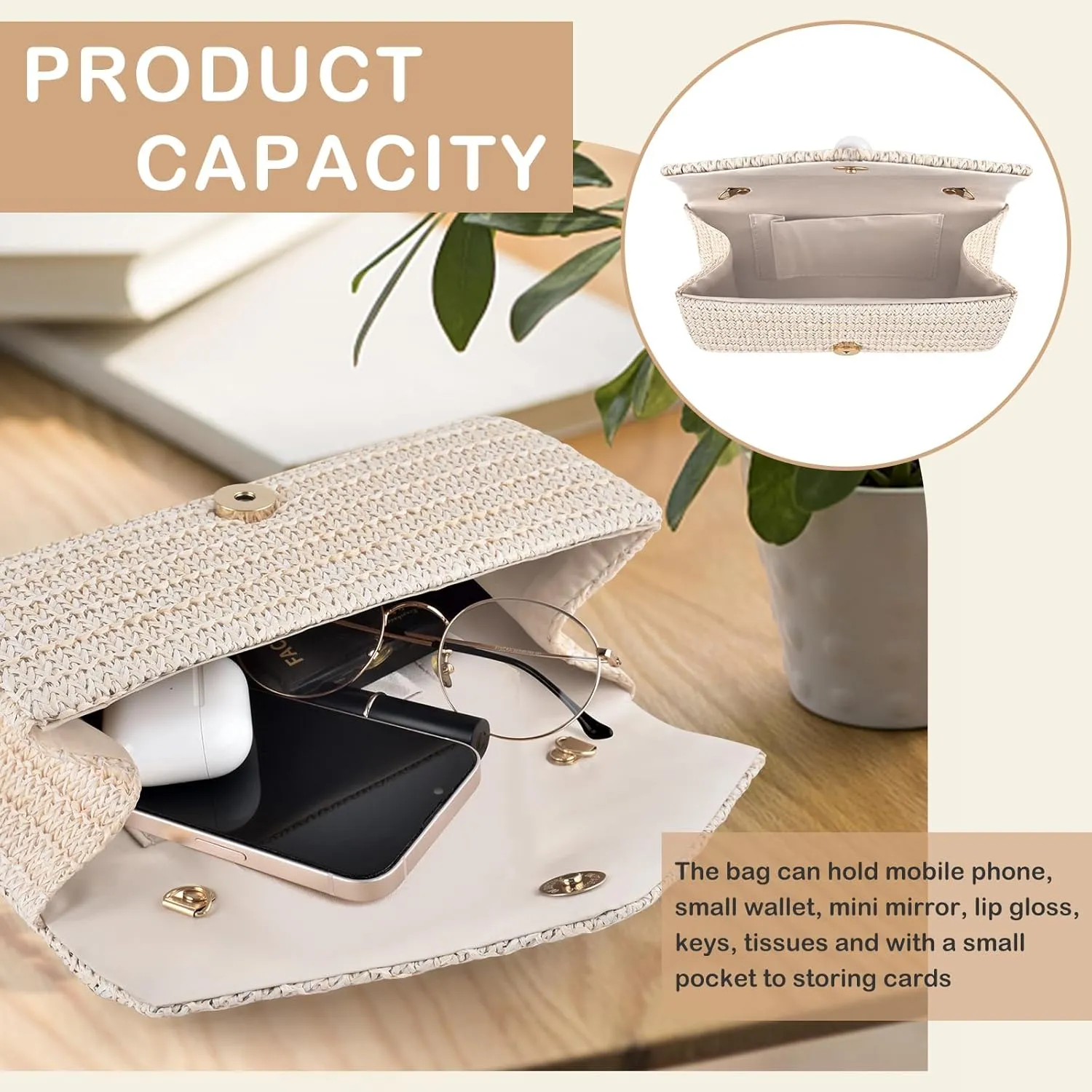 PACETAP Straw Clutch Purse for Women, Pearl Decoration Boho Crossbody Bags Handbags for Beach Travel Vacation Party Prom