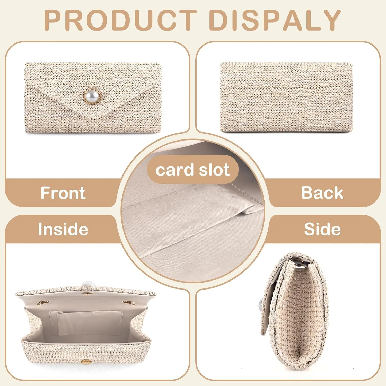 PACETAP Straw Clutch Purse for Women, Pearl Decoration Boho Crossbody Bags Handbags for Beach Travel Vacation Party Prom