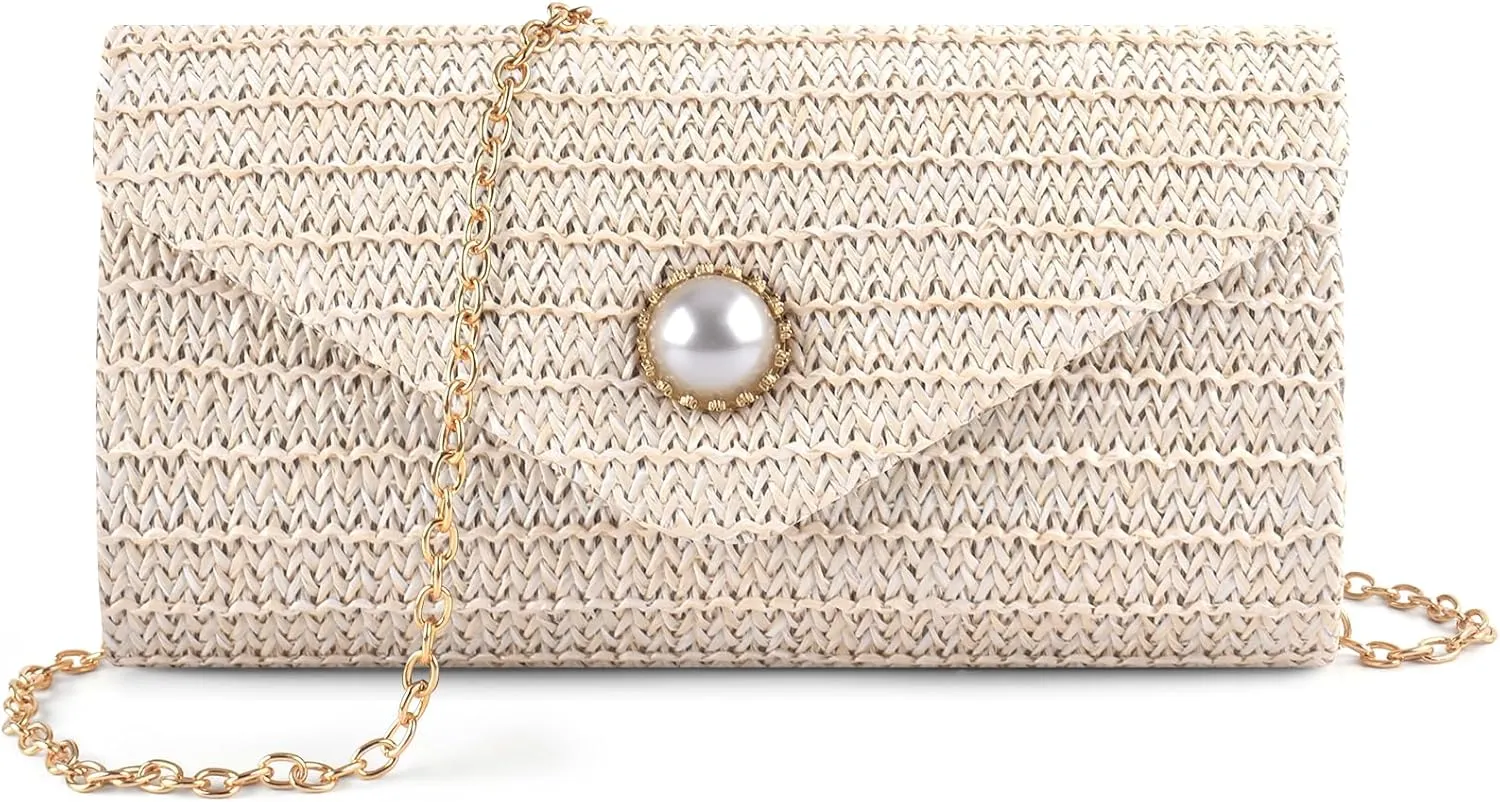 PACETAP Straw Clutch Purse for Women, Pearl Decoration Boho Crossbody Bags Handbags for Beach Travel Vacation Party Prom