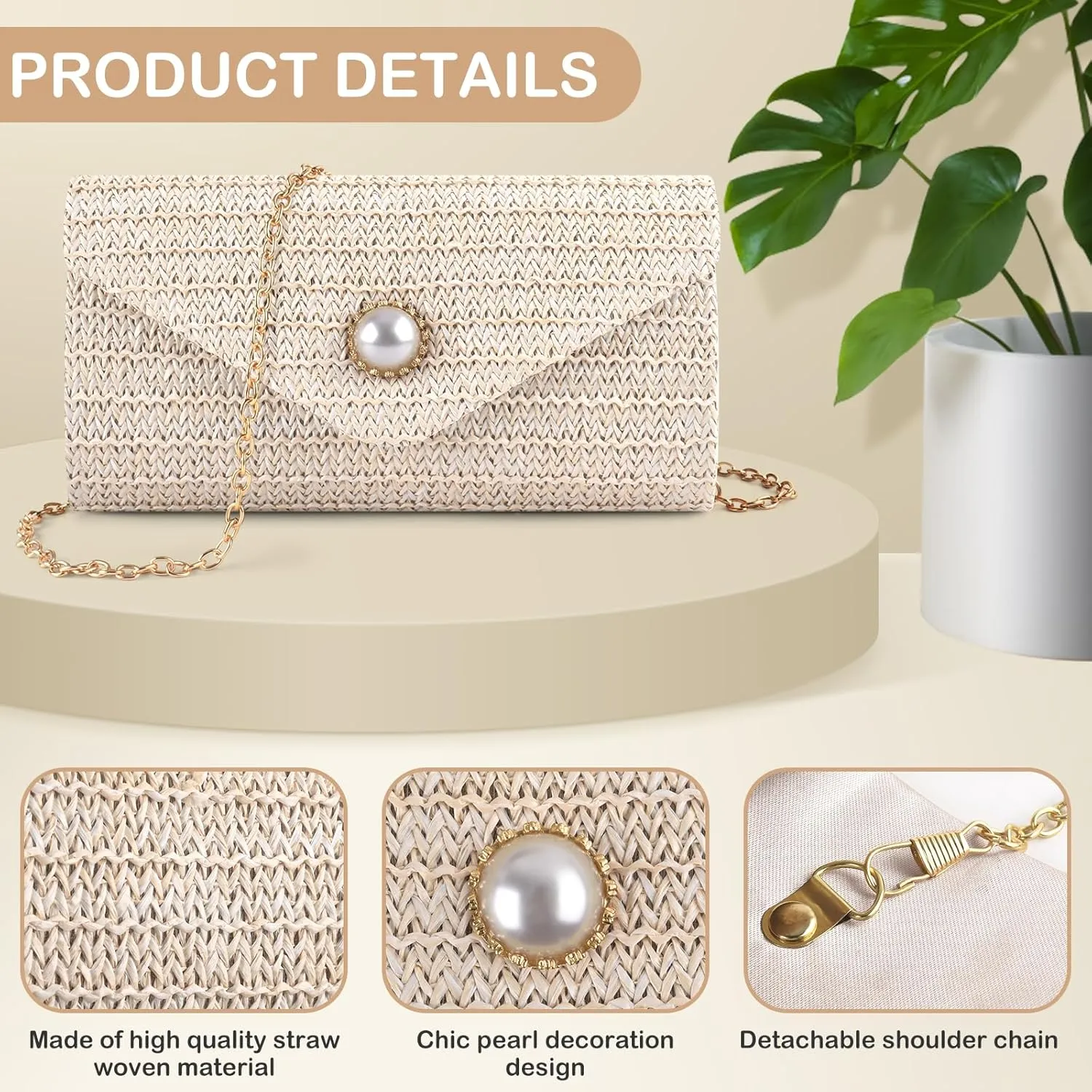PACETAP Straw Clutch Purse for Women, Pearl Decoration Boho Crossbody Bags Handbags for Beach Travel Vacation Party Prom