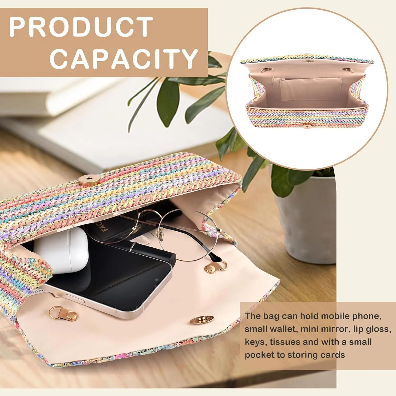 PACETAP Straw Clutch Purse for Women, Pearl Decoration Boho Crossbody Bags Handbags for Beach Travel Vacation Party Prom