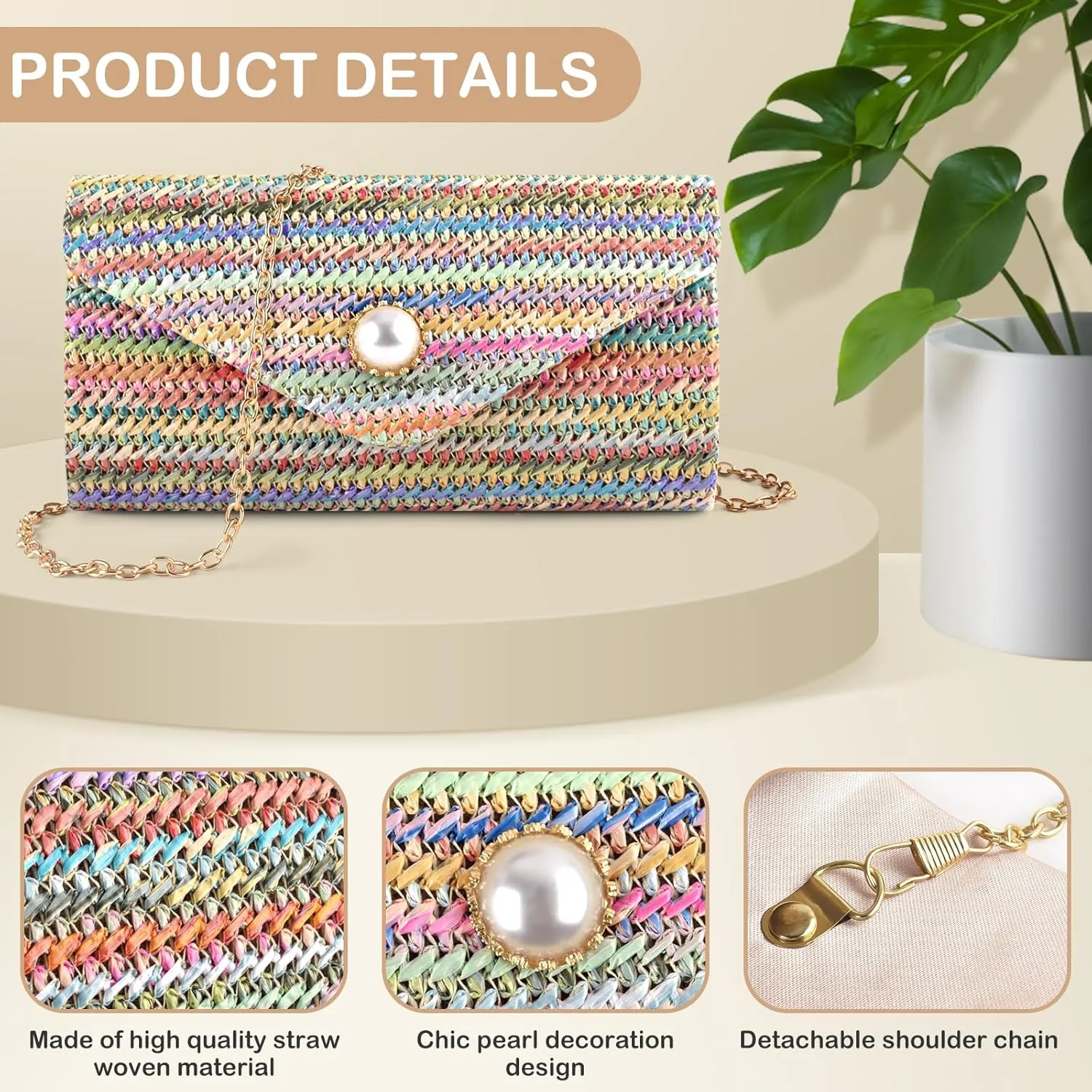 PACETAP Straw Clutch Purse for Women, Pearl Decoration Boho Crossbody Bags Handbags for Beach Travel Vacation Party Prom