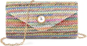 PACETAP Straw Clutch Purse for Women, Pearl Decoration Boho Crossbody Bags Handbags for Beach Travel Vacation Party Prom
