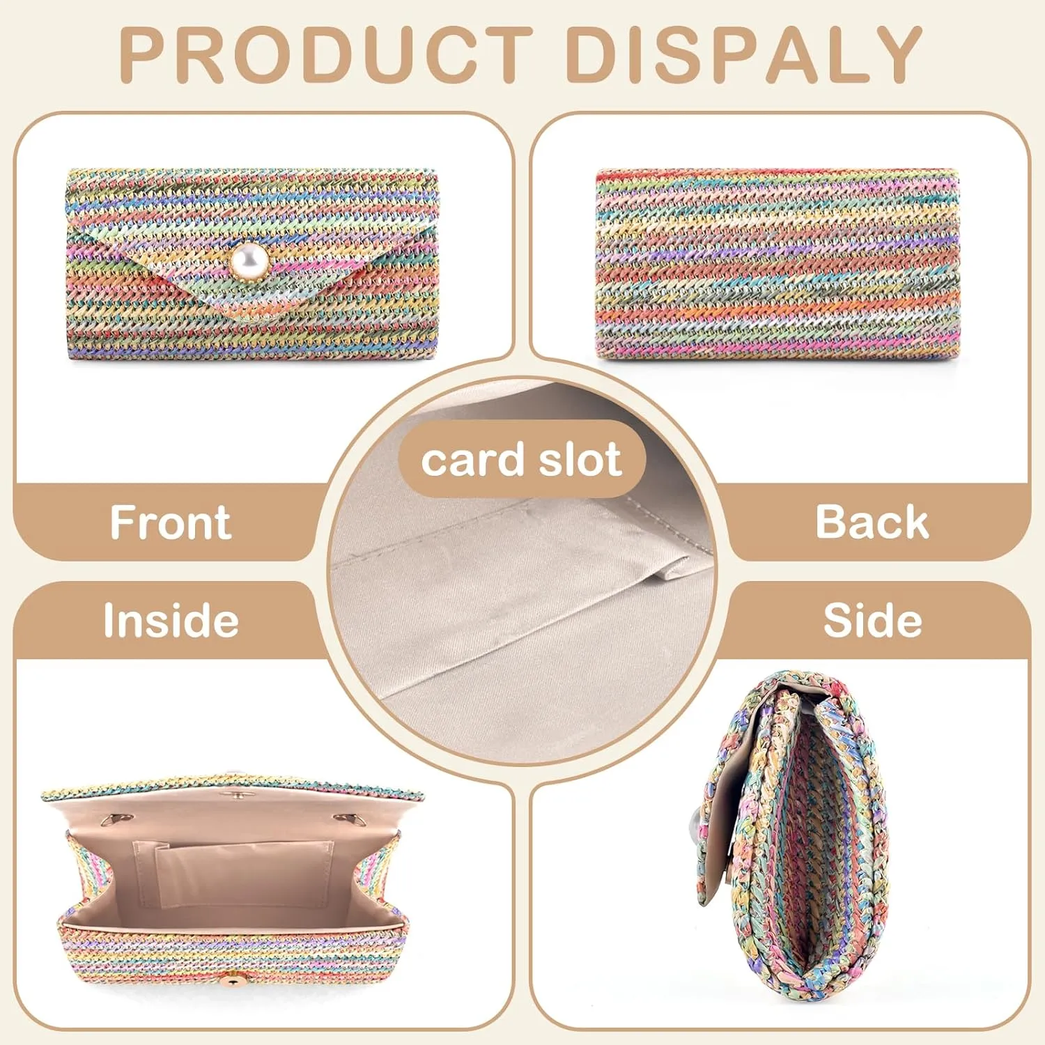 PACETAP Straw Clutch Purse for Women, Pearl Decoration Boho Crossbody Bags Handbags for Beach Travel Vacation Party Prom