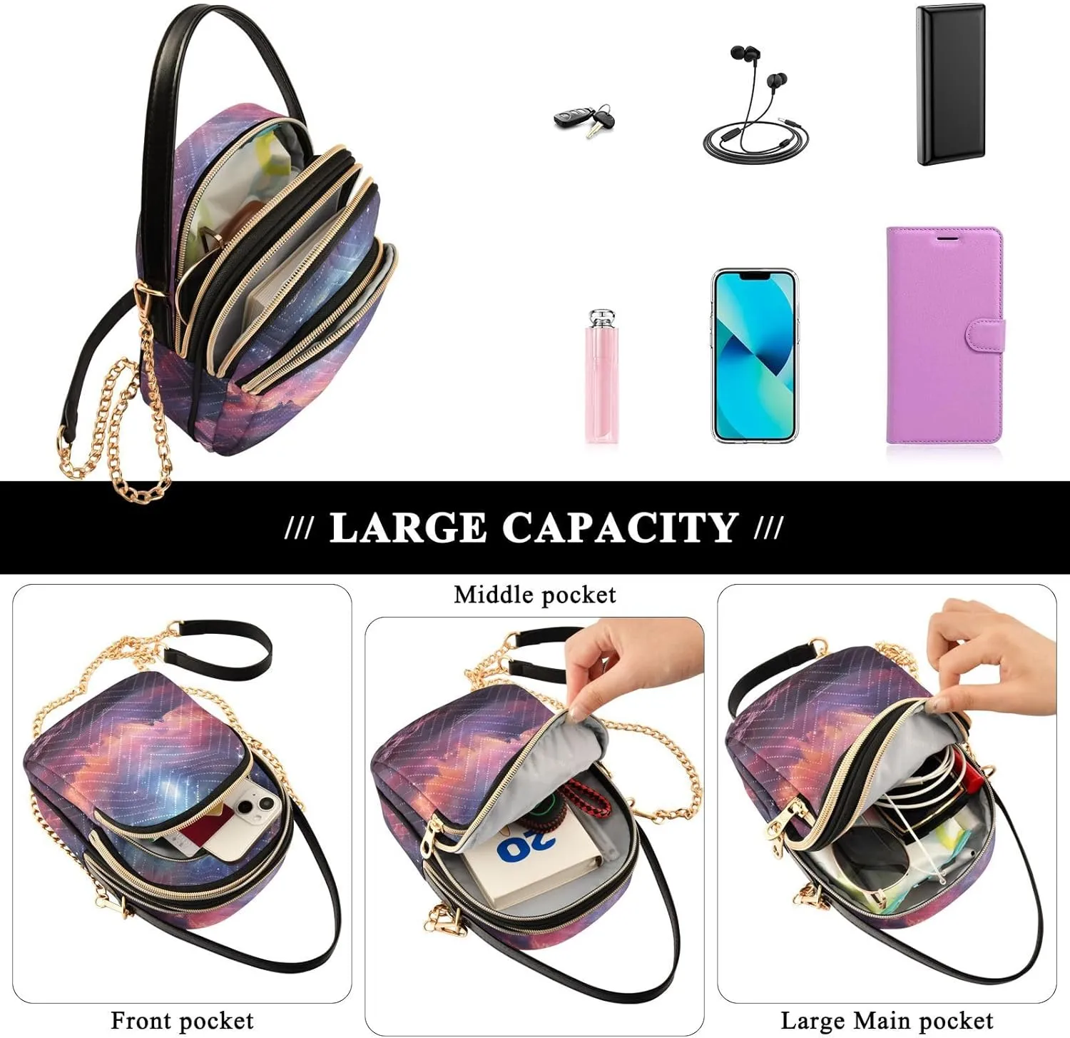 Parrots and Tropical Flowers Women's Crossbody Bags, Casual Crossbody Purse Gold Chain Crossbody Bag