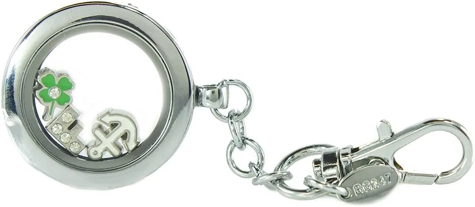 Personalized Floating Locket Key Chain with Lobster Claw 6 Mini Charm Choices(Silver Circle) by BG247®