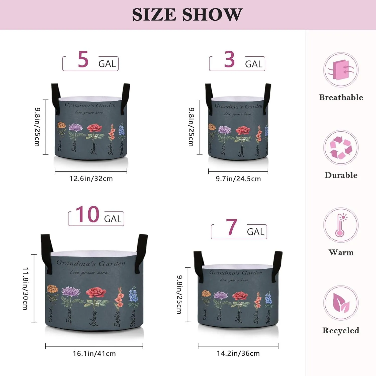 Personalized Grow Bags Grandma's Garden Plant Grow Bag Custom Birth Flower Plant Pot Grandma Gifts for Mothers Day(Medium-12.6x9.8in)