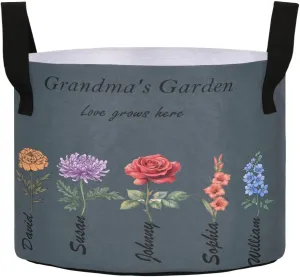 Personalized Grow Bags Grandma's Garden Plant Grow Bag Custom Birth Flower Plant Pot Grandma Gifts for Mothers Day(Medium-12.6x9.8in)